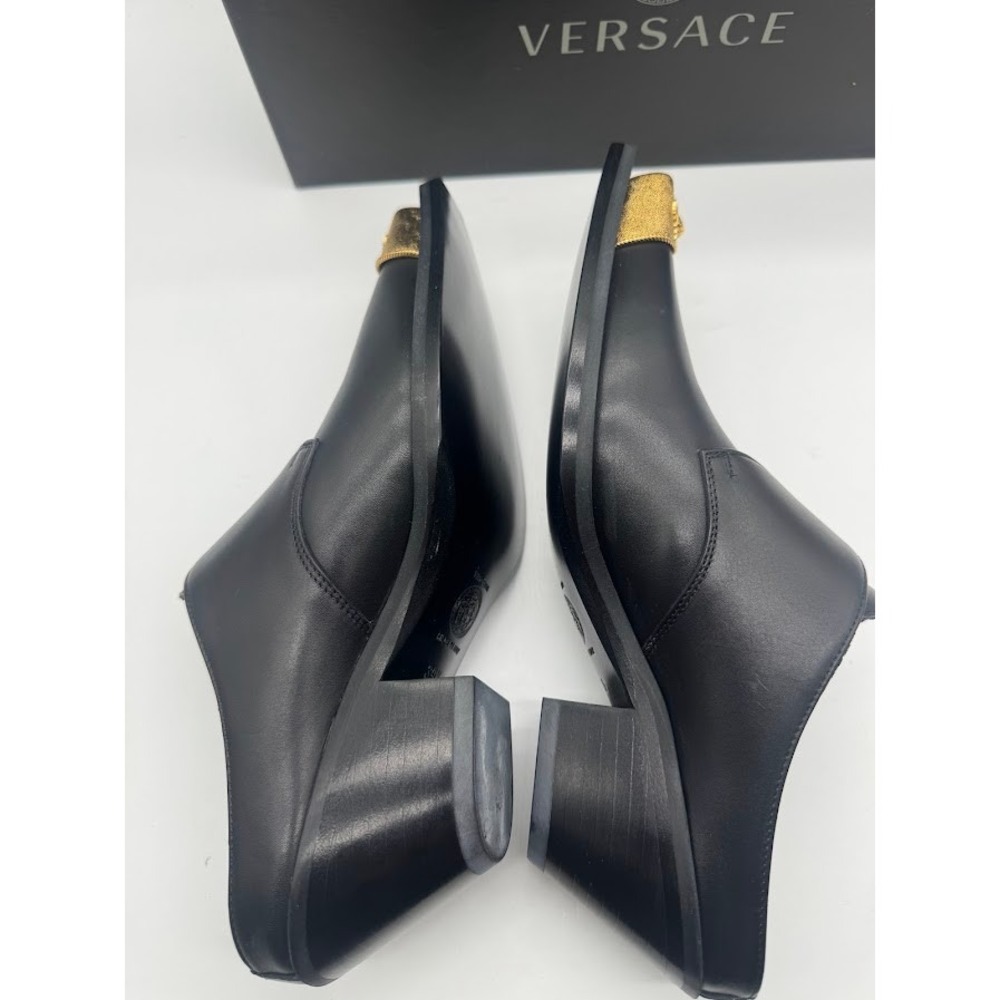 Versace Sabot Leather Western Mule Medusa Gold Toe Black EU 39.5 US 9 NIB - Picture 9 of 14